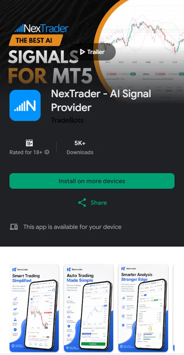 The NexTrader AI Signal Provider listing on the Google Play Store, showing 5K+ downloads