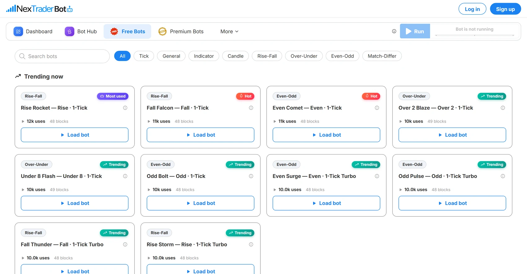 NexTrader Bot Hub free bot library with search, category filters and trending bot cards showing use and block counts